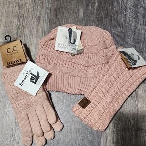 Pink Knit Beanie, Scarf, and Glove Set